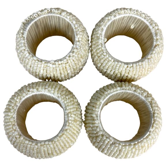 Cost Plus White Cream Beaded Napkin Rings Set of 4 - Picture 2 of 3
